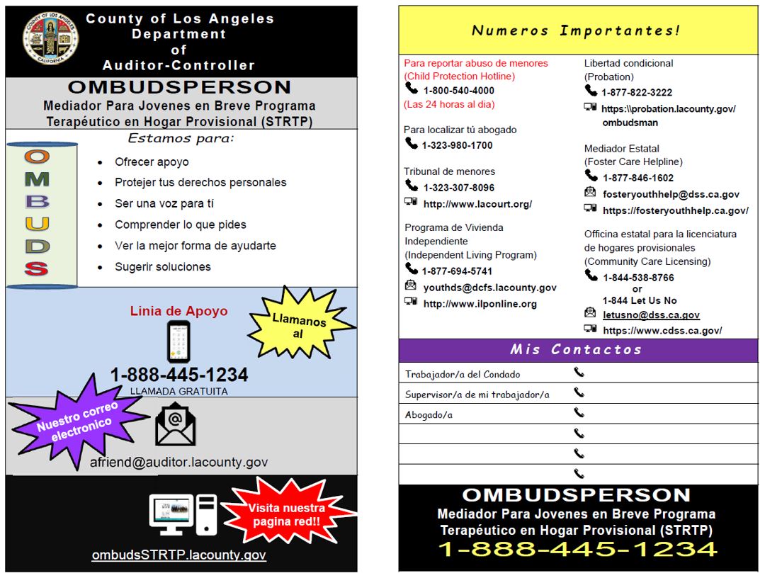 Ombudsperson For Youth in STRTPs Handout (Spanish) - click to download pdf